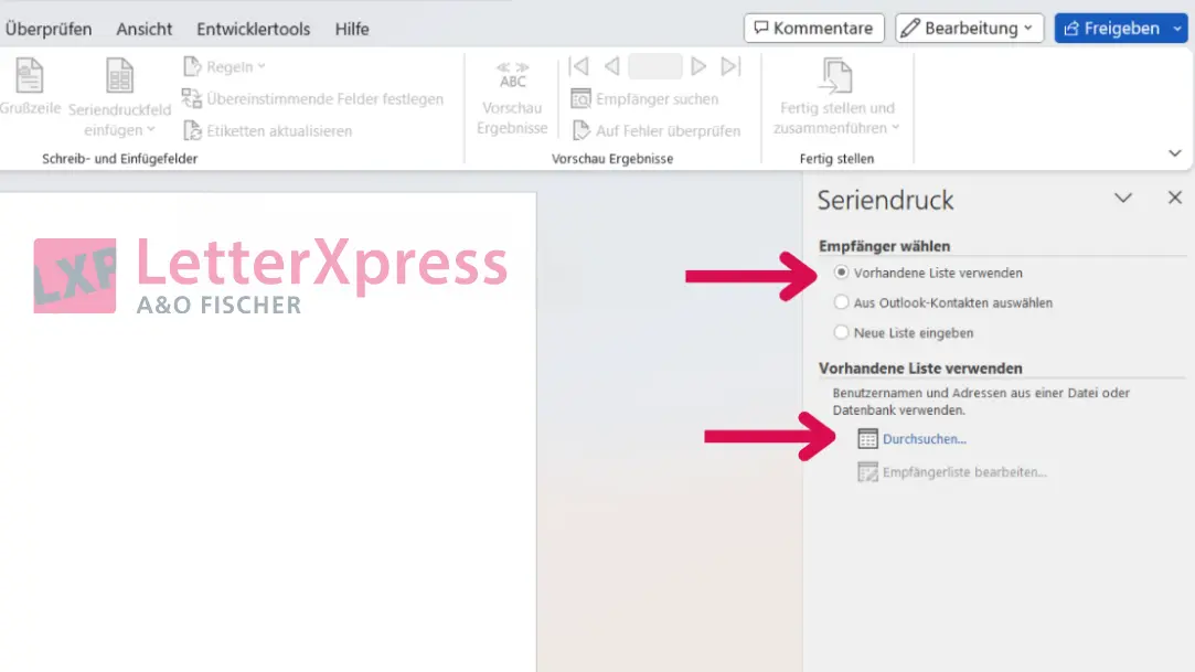 Empfängerliste wählen