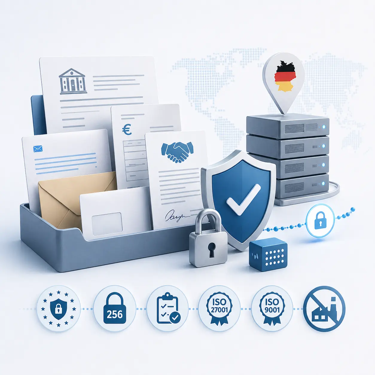 Datenschutz, ISO-Zertifizierung, Serverstandort Deutschland und 256-Bit-Verschlüsselung bei LetterXpress